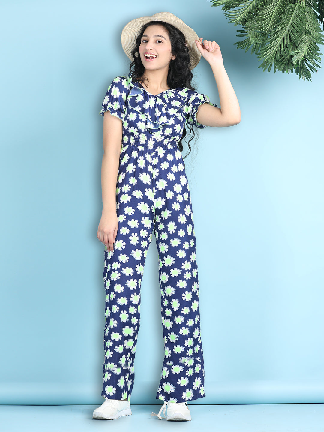 Cutiekins Girls Stylish Floral Print Embellished Jumpsuit -Navy & Off White