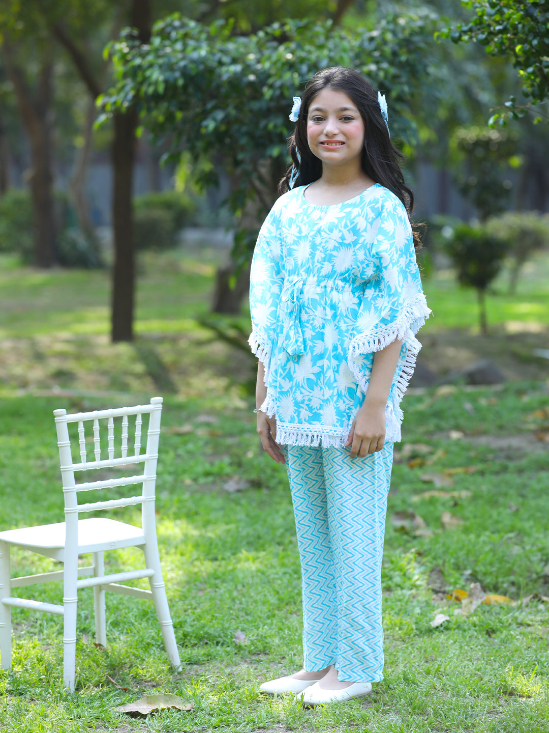 Cutiekins Girls Trendy Floral Print Kaftan Kurta and Palazzo Set -White & Sky Blue