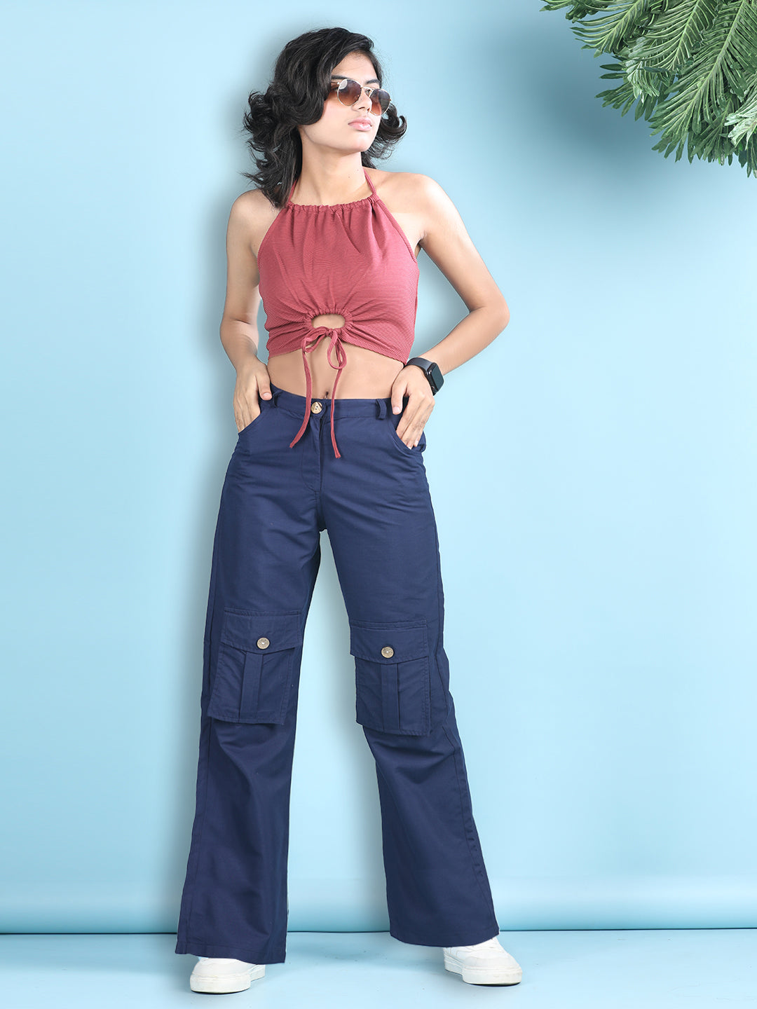 Cutiekins Girls Solid Embellished Top with Solid Cargo -Dark Red & Navy Blue