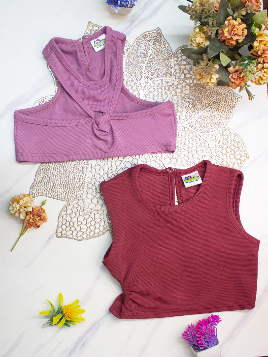 Cutiekins Girls Solid Embellished Crop Tops(Pack of 2) -Onion Pink & Rust