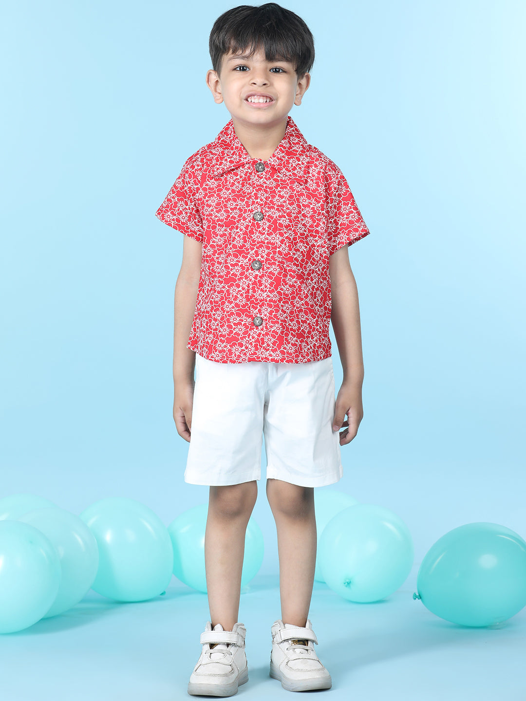 Cutiekins Boys Floral Print Shirt With Solid Lycra Short -Red & White