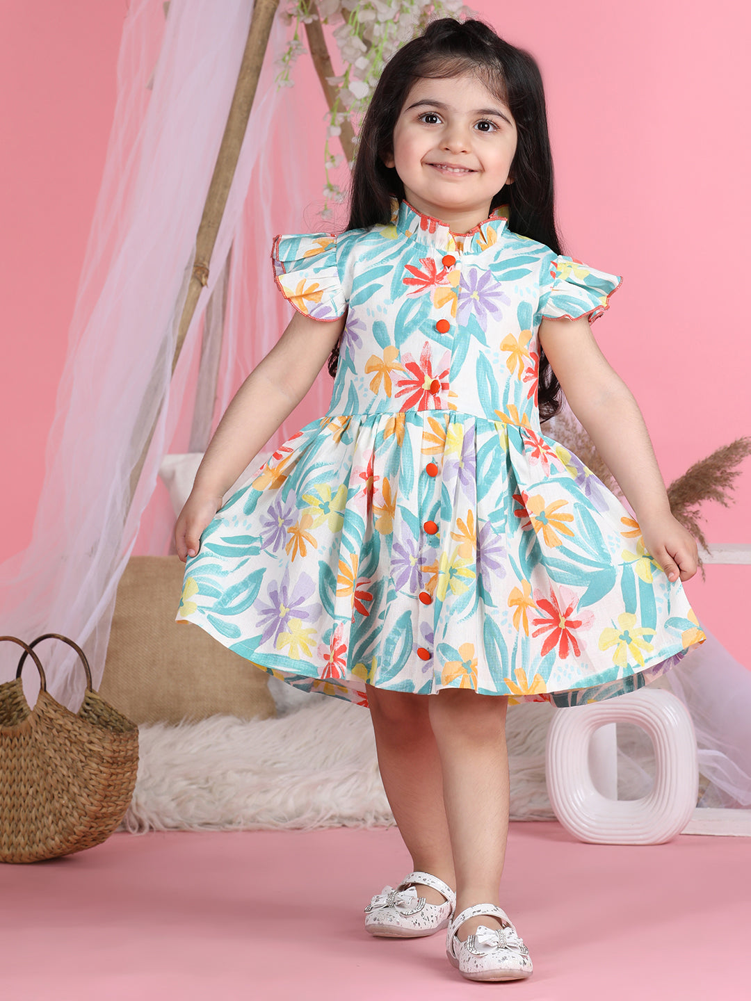 Cutiekins Mandarin Collar Printed Flared Dress-Sky Blue & White