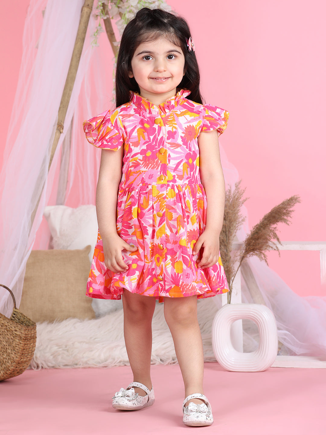 Cutiekins Mandarin Collar Printed Flared Dress-Pink & Yellow