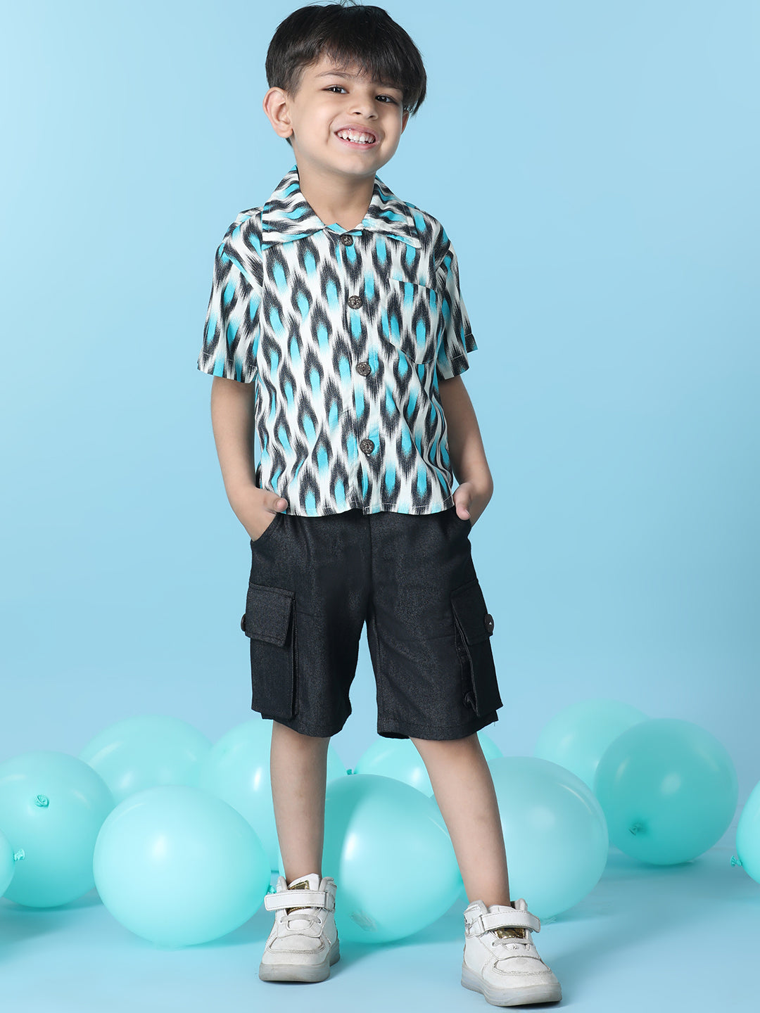 Cutiekins Boys Abstract Print Shirt With Solid Denim Cargo Short -Off White & Black