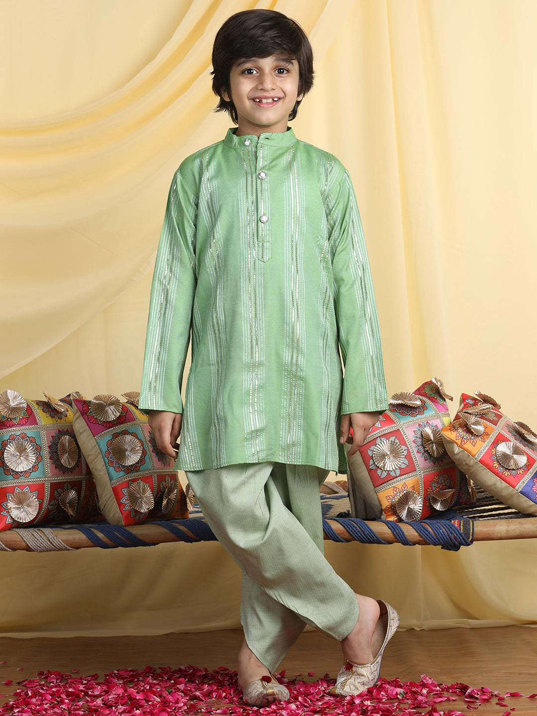 Cutiekins Boys Solid Mandarin Collar Kurta with Dhoti -Green & Silver