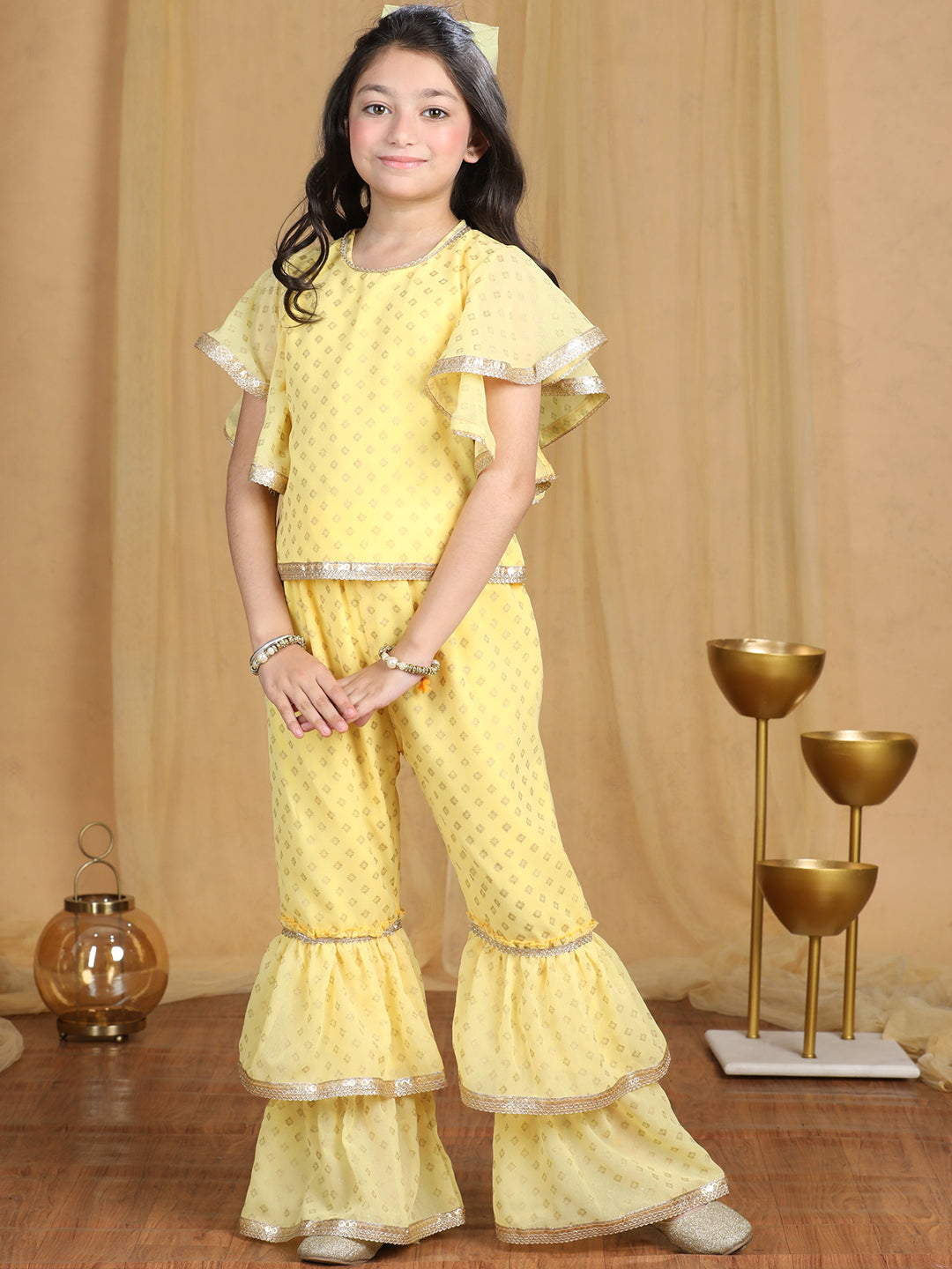 Cutiekins Girls Embroidered and Self Design A-line Kurta and Sharara -Yellow & Gold