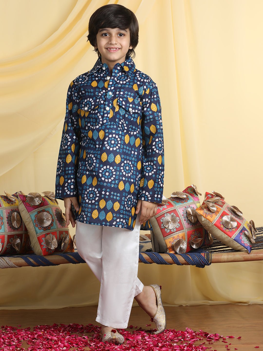 Cutiekins Boys Tropical Print Shirt Collar Kurta with Pajama -Dark Blue & White