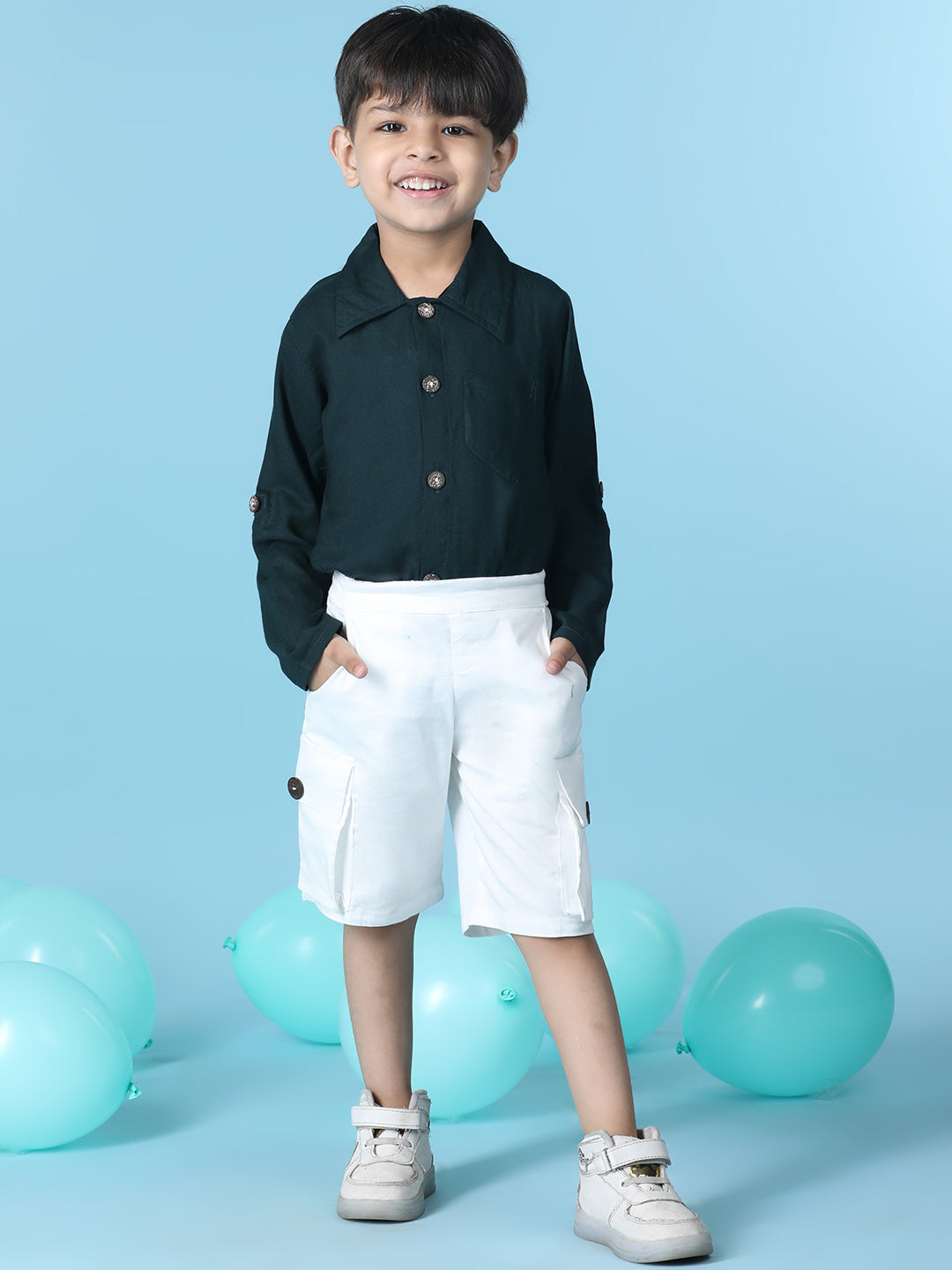 Cutiekins Boys Solid Shirt With Solid Lycra Cargo Short -Deep Green & White