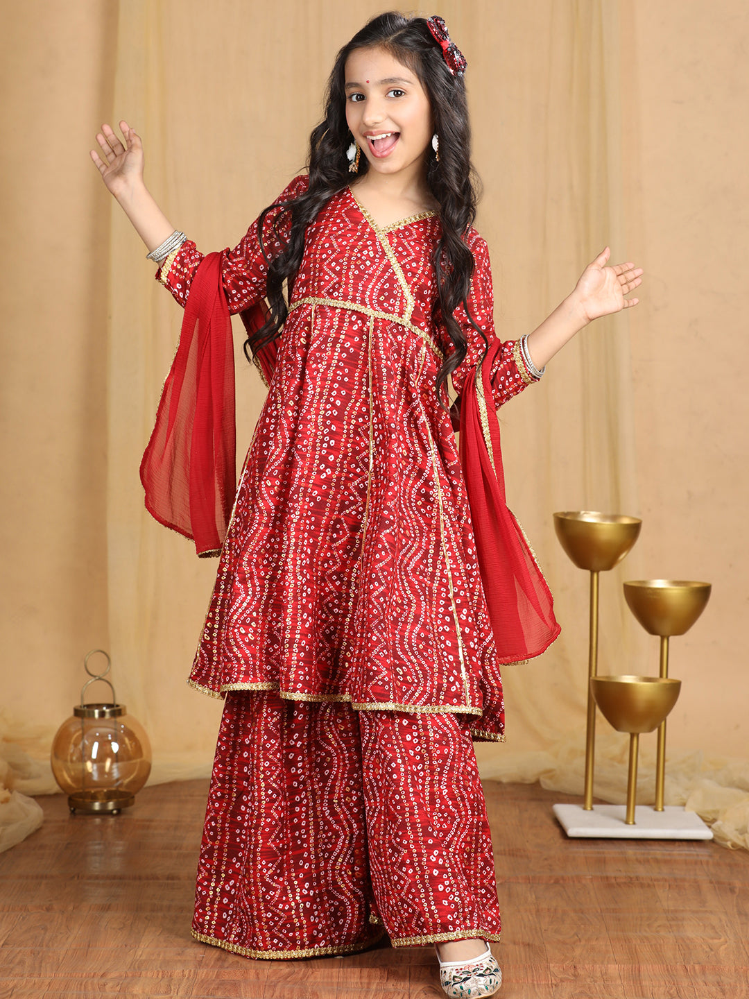 Cutiekins Girls Bandhani Print Angrakha Kurta and Sharara with Dupatta -Maroon & Off White