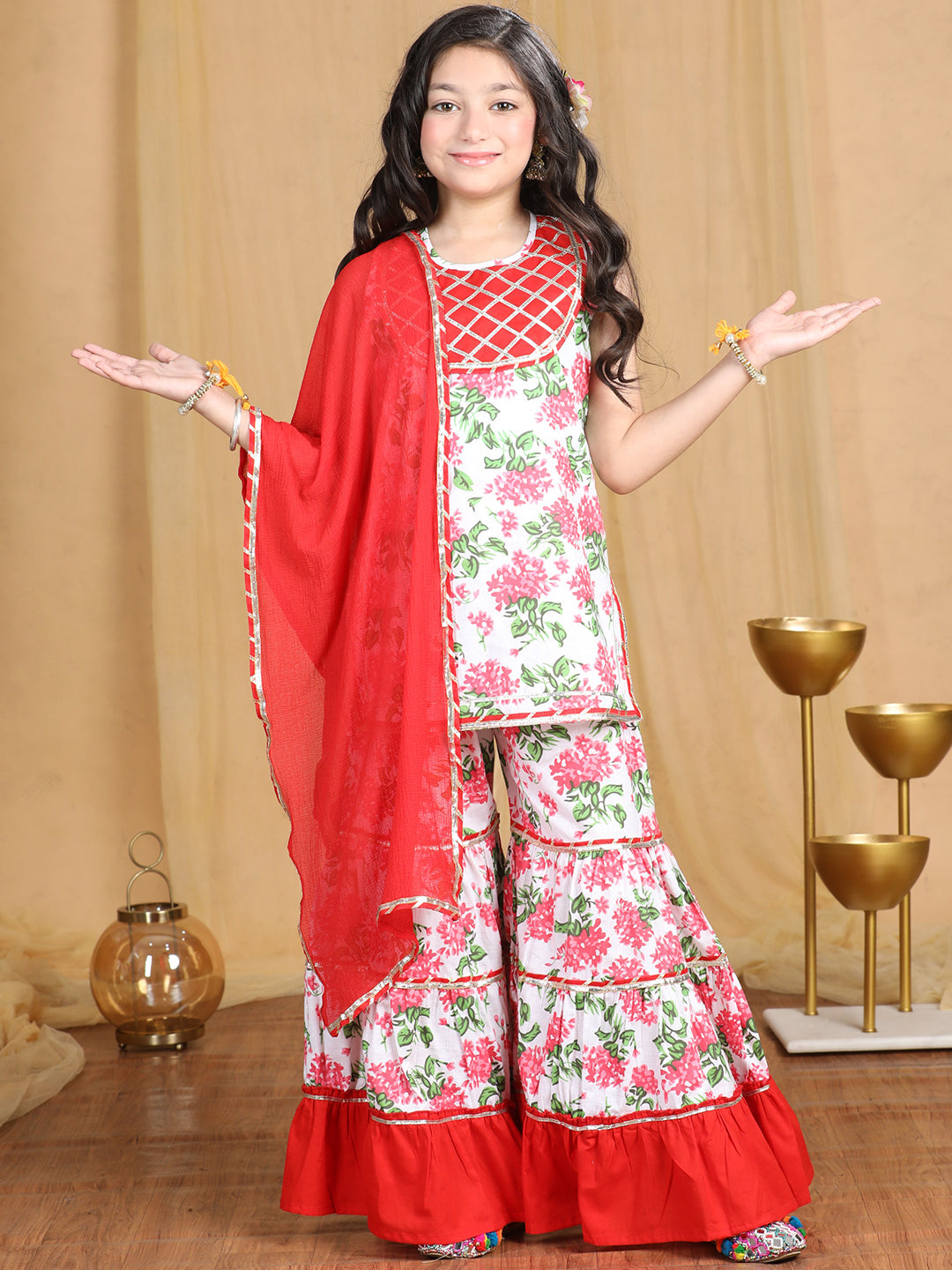 Cutiekins Girls Floral Print Empire Kurta and Sharara with Dupatta -White & Red