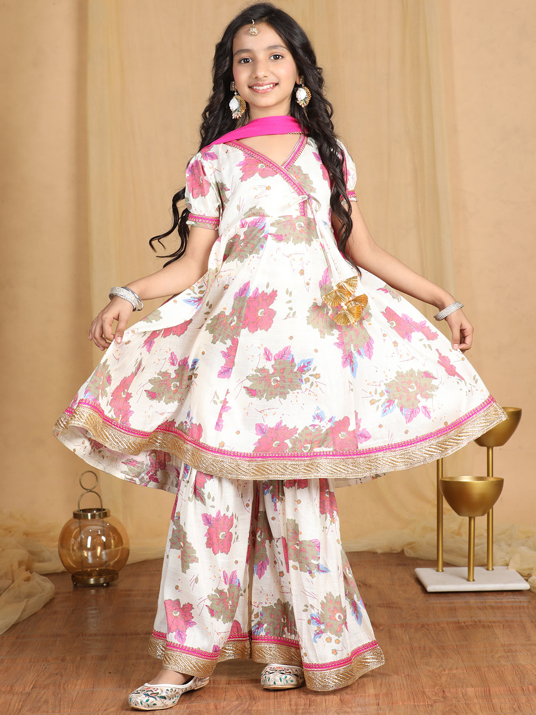 Cutiekins Girls Floral Print Angrakha Kurta & Sharara with Solid Dupatta -Off White & Rani Pink