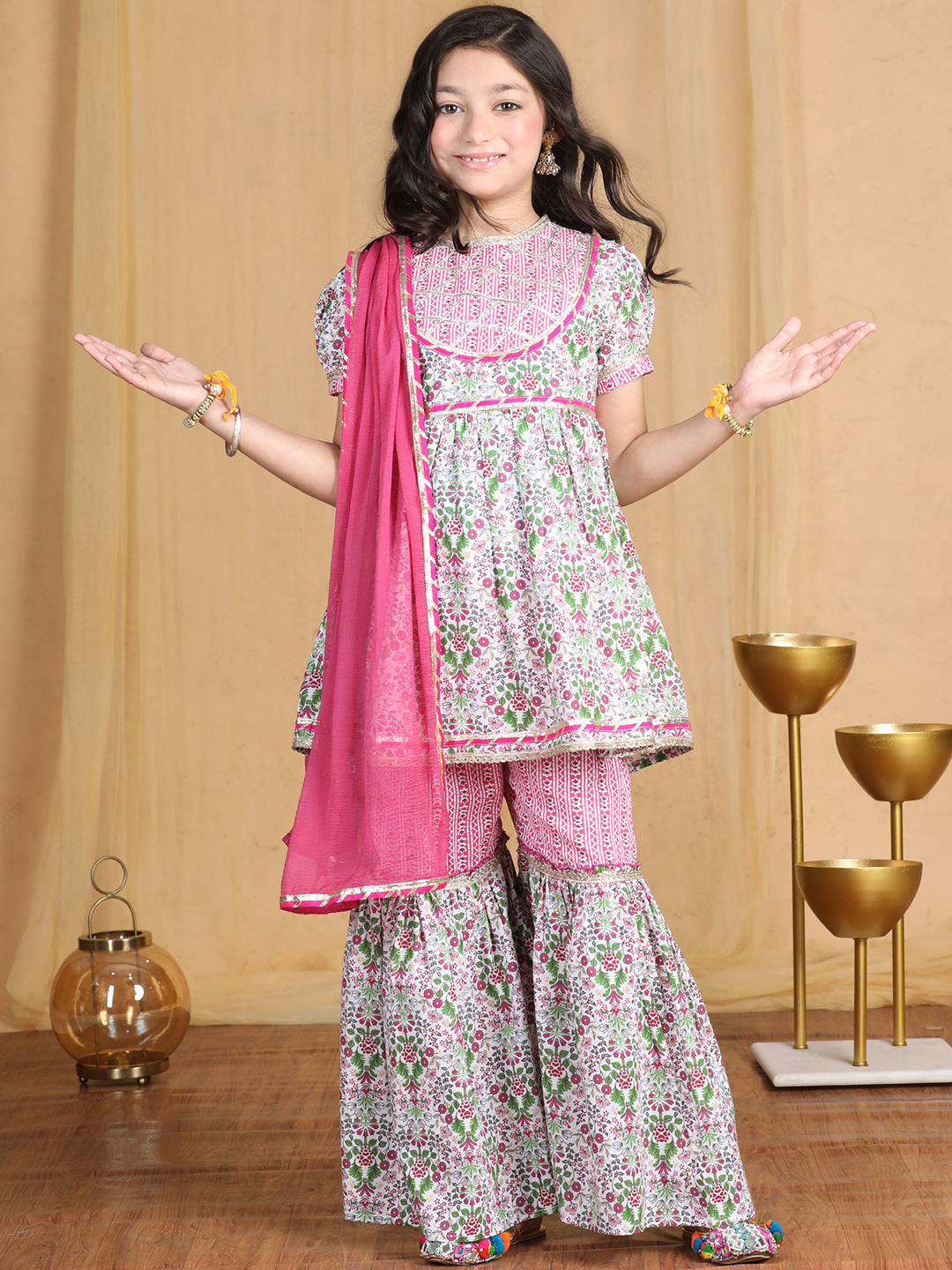 Cutiekins Girls Floral Print Sleeveless Kurta and Sharara with Dupatta -Off White & Onion Pink
