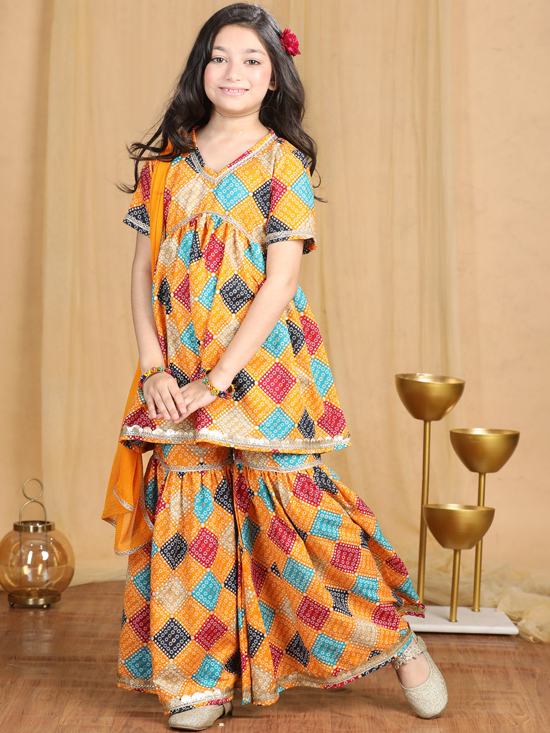 Cutiekins Girls Bandhani Print Empire Kurta and Sharara with Dupatta -Mustard & Multi