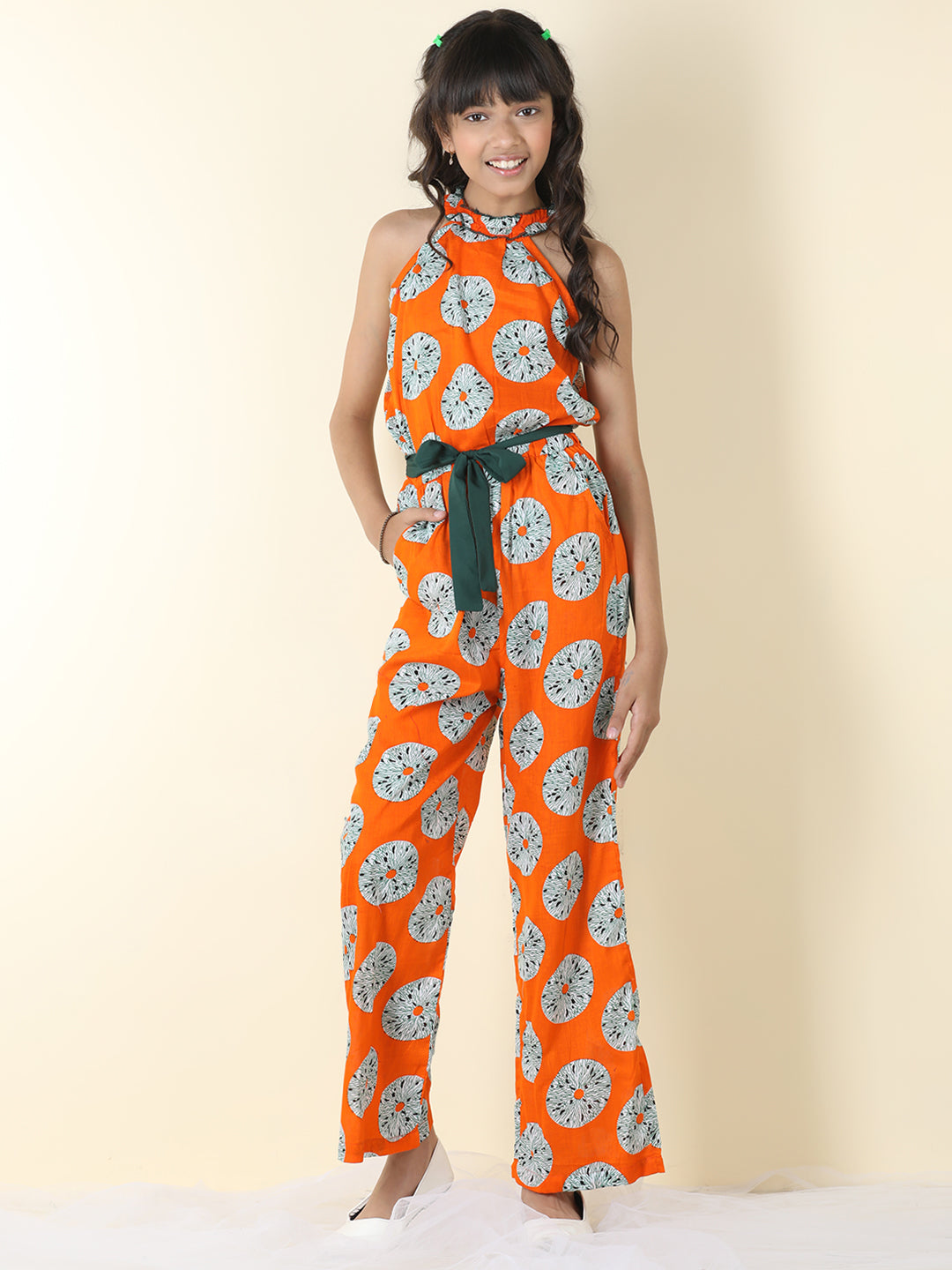 Cutiekins Girls Halter Neck Floral Print Jumpsuit -Orange & Off White