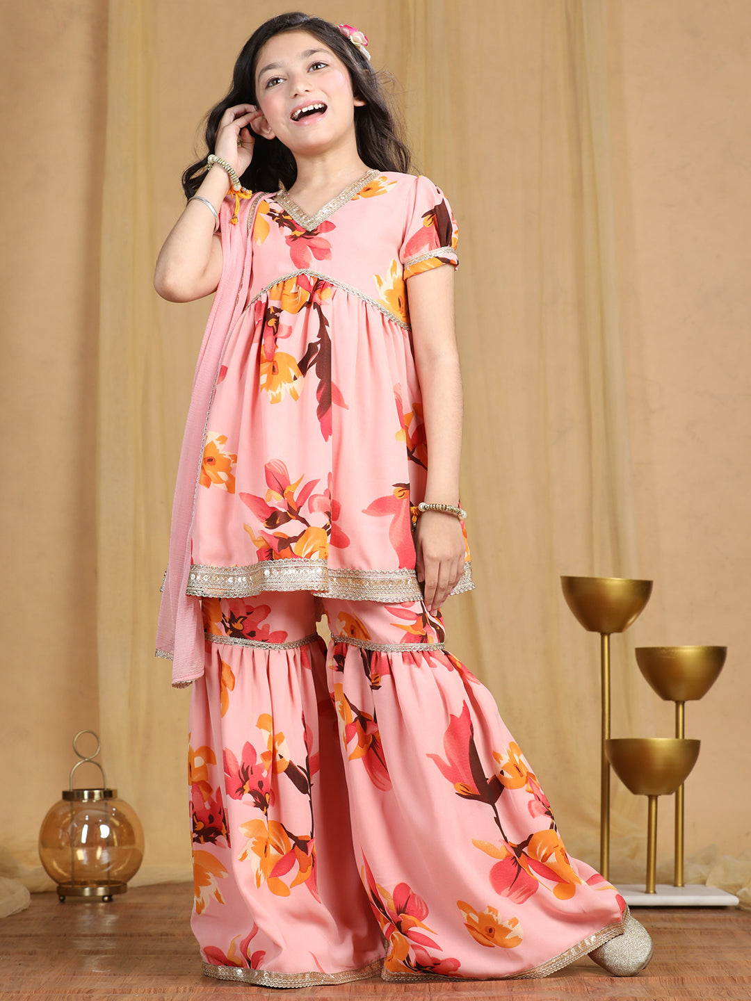 Cutiekins Girls Floral Print Embroidered Gotta Patti Kurta and Sharara with Dupatta -Peach & Gold