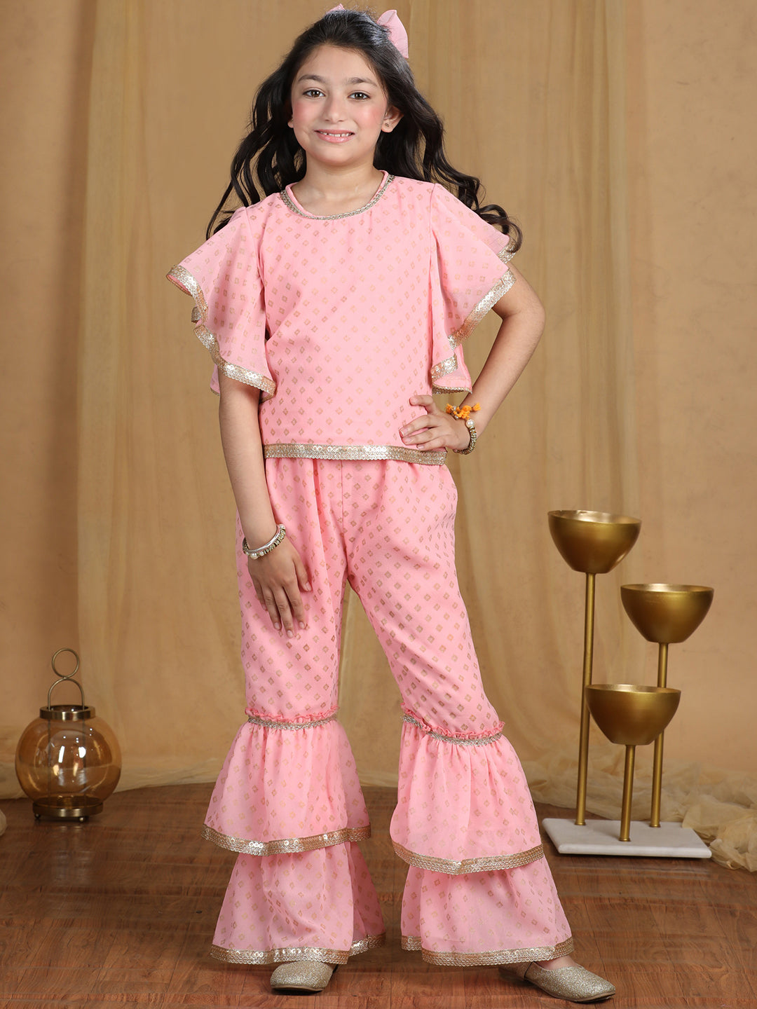 Cutiekins Girls Embroidered and Self Design A-line Kurta and Sharara -Pink & Gold