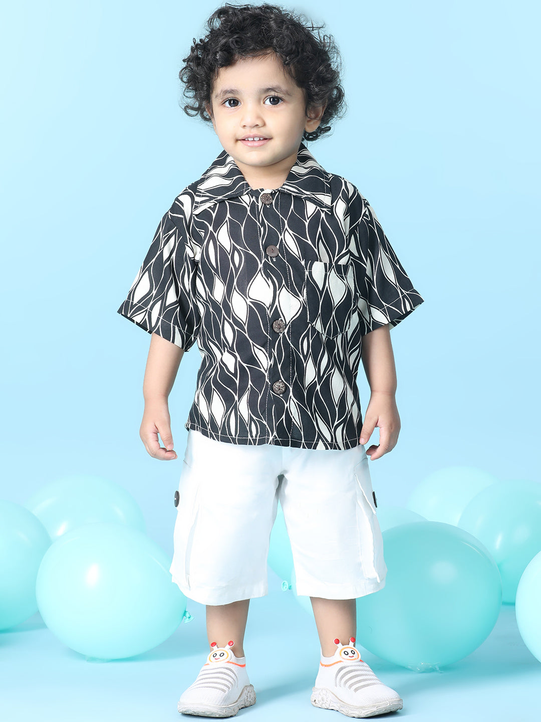 Cutiekins Boys Abstract Print Shirt With Solid Lycra Cargo Short -Black & Off White
