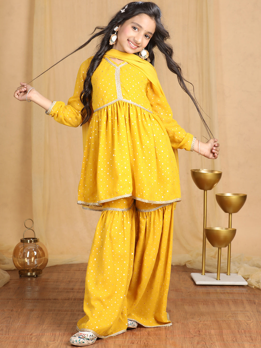 Cutiekins Girls Self Design Empire Kurta and Sharara with Dupatta -Mustard & Gold