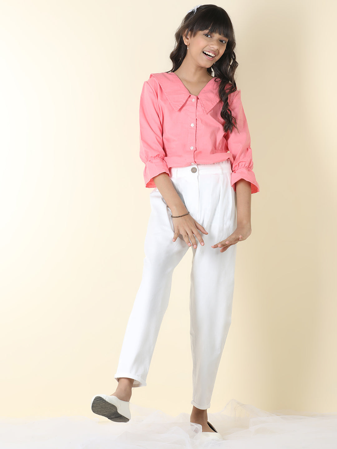 Cutiekins Girls Shirt Style Solid Top With Solid Trouser -Peach White