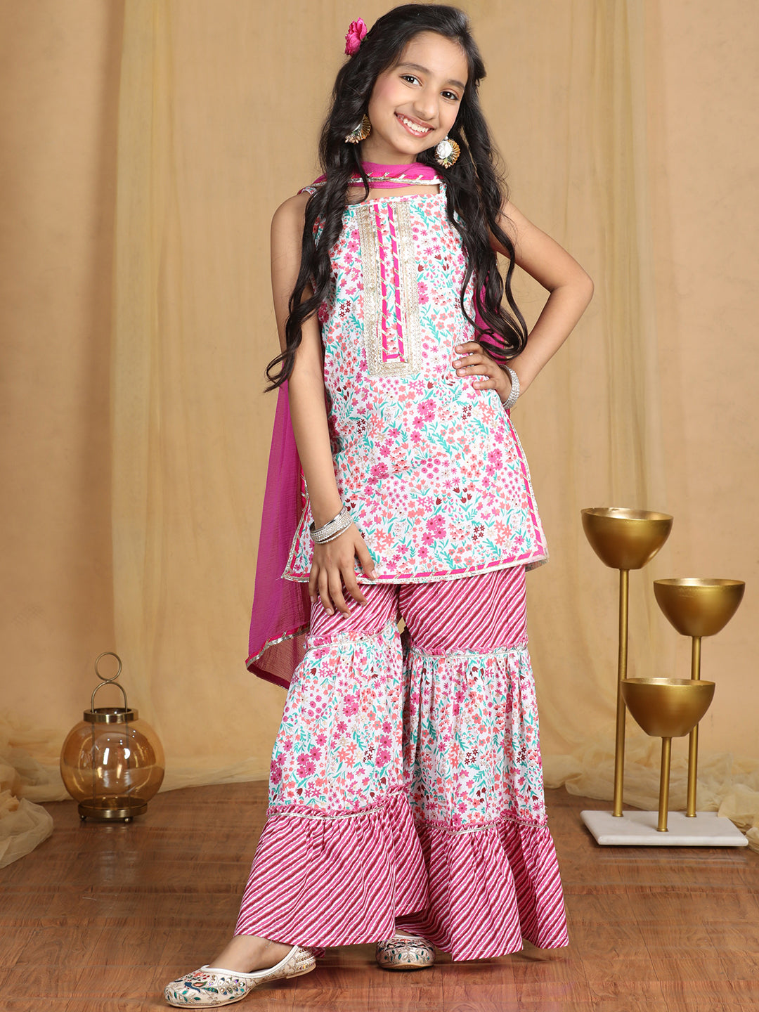 Cutiekins Girls floral Print Empire Kurta and Sharara with Dupatta -Off White & Coral Pink