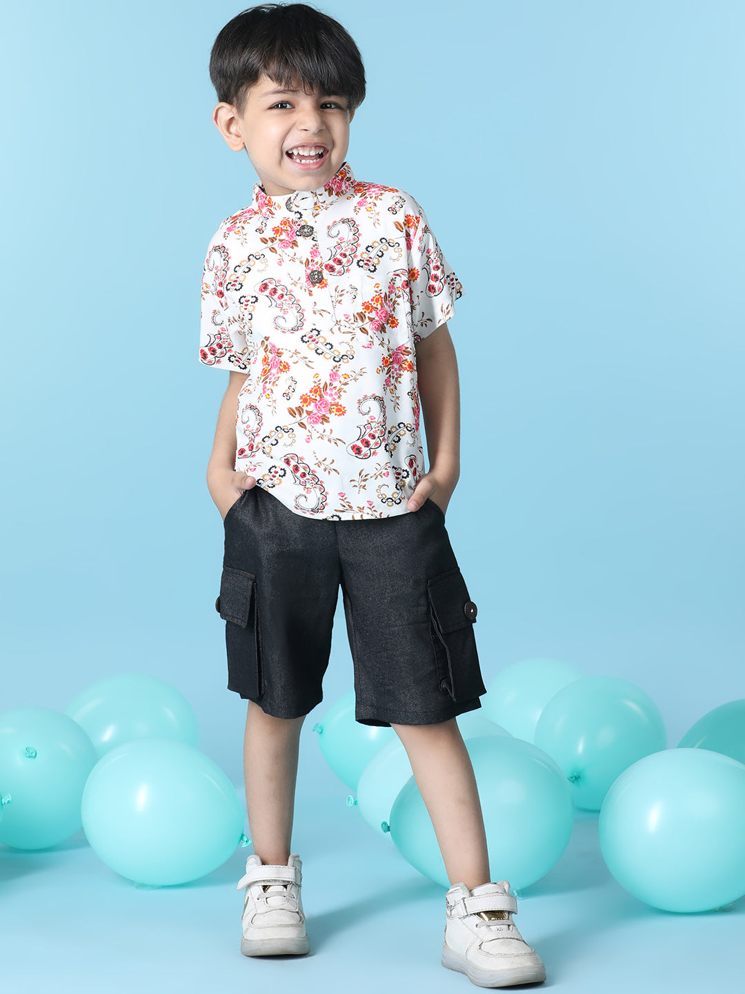 Cutiekins Boys Floral Print T-Shirt With Solid Denim Cargo Short -White & Black