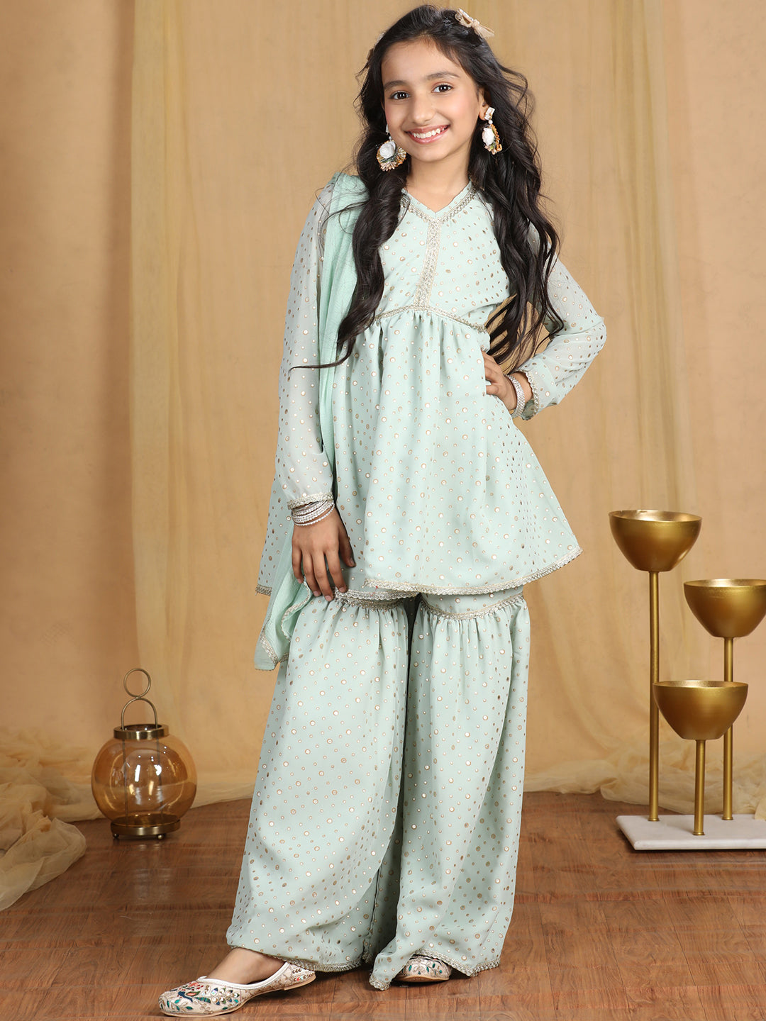 Cutiekins Girls Self Design Empire Kurta and Sharara with Dupatta -Pista Green & Gold