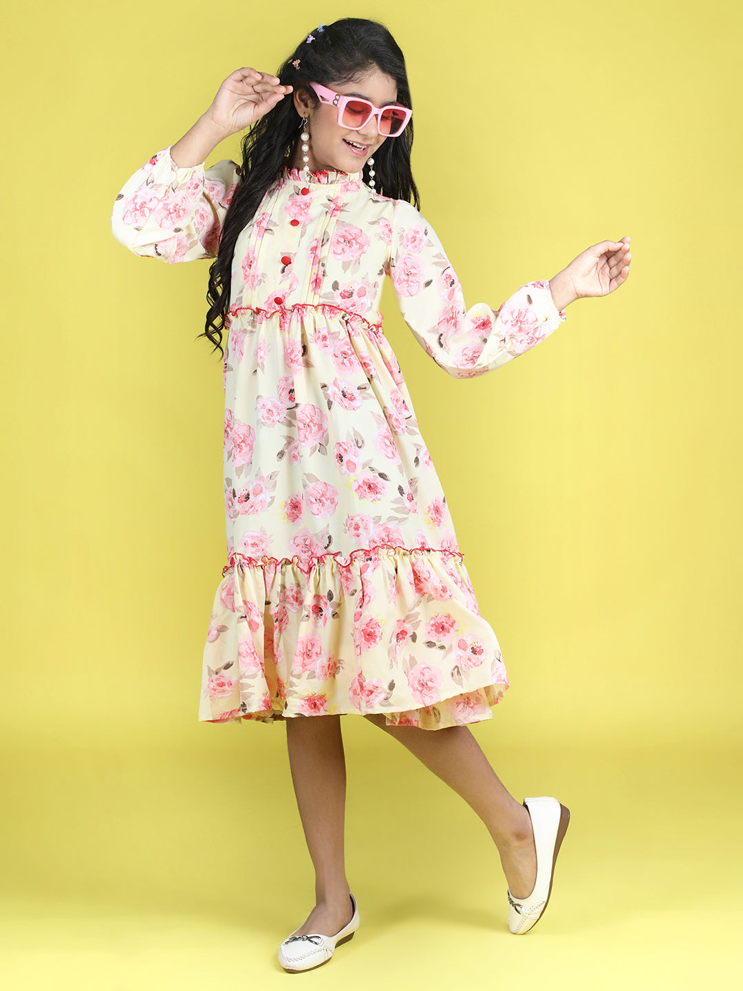 Cutiekins Mandarin Collar Printed Flared Dress-Yellow & Pink