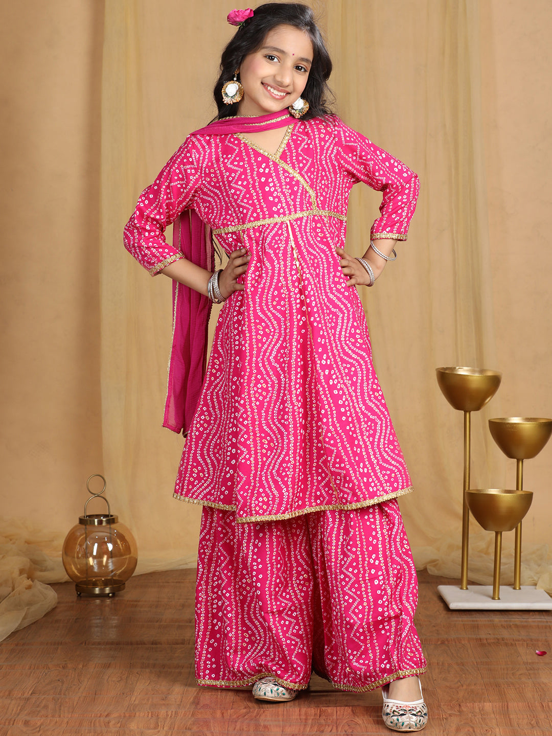Cutiekins Girls Bandhani Print Angrakha Kurta and Sharara with Dupatta -Magenta & Off White