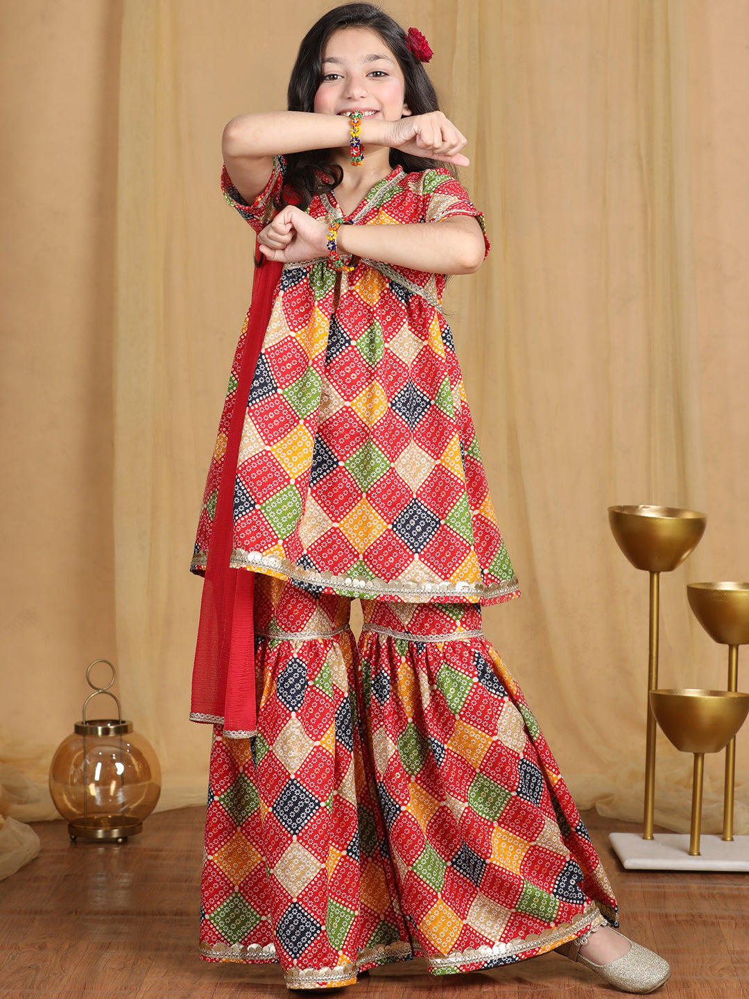 Cutiekins Girls Bandhani Print Empire Kurta and Sharara with Dupatta -Red & Multi