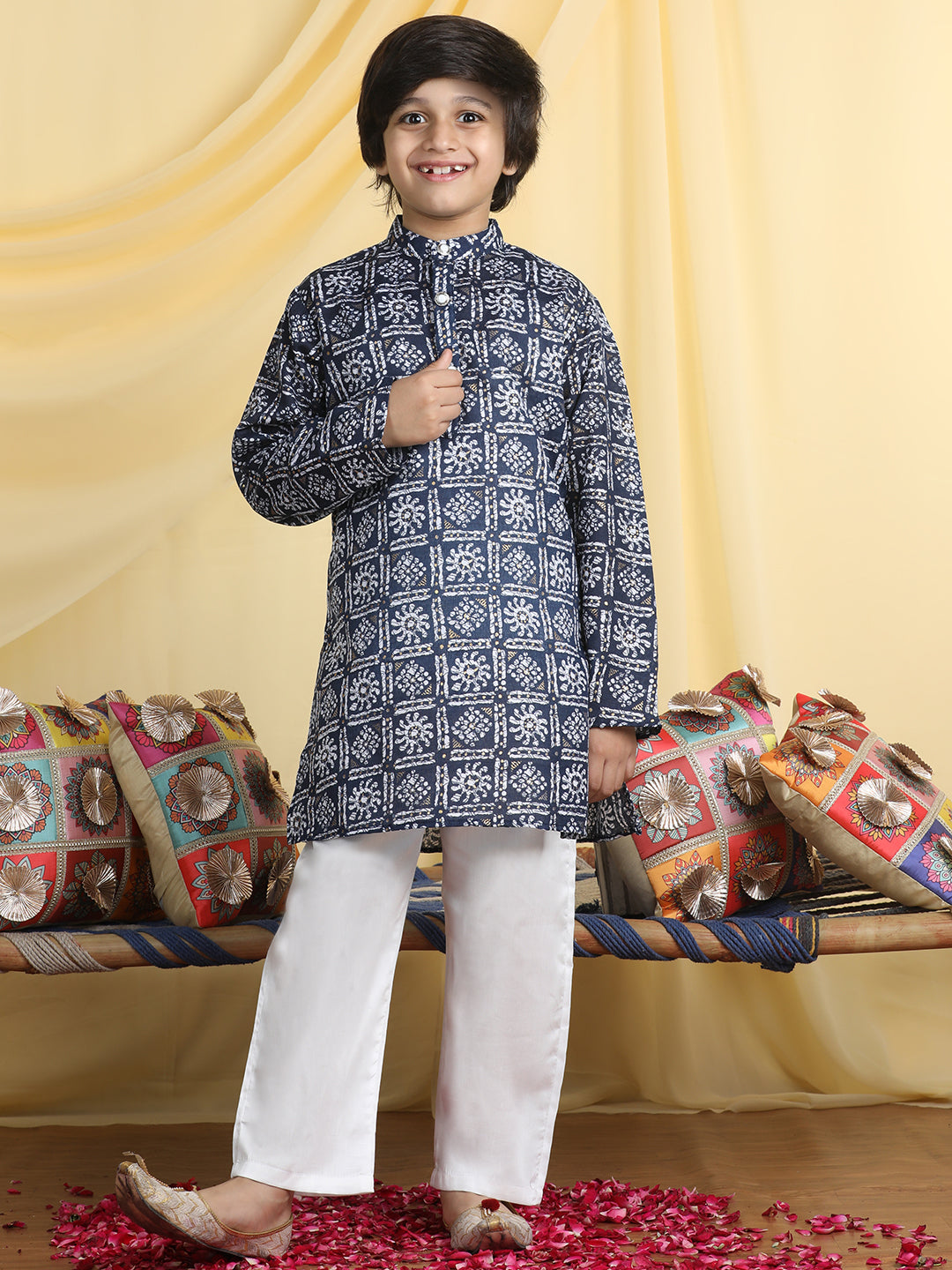 Cutiekins Boys Tribal Print Mandarin Collar Kurta with Pajama -Navy Blue & White