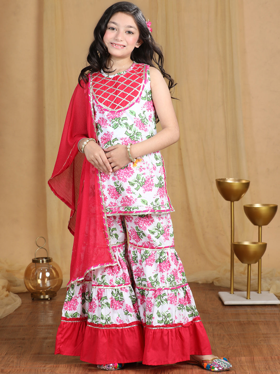 Cutiekins Girls Floral Print Empire Kurta and Sharara with Dupatta -White & Onion Pink