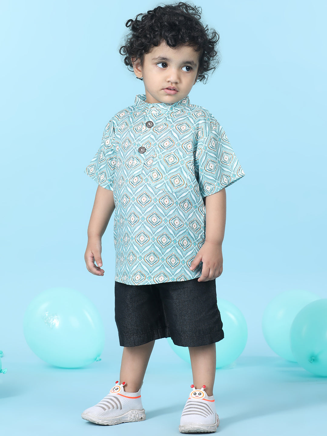 Cutiekins Boys Printed T-Shirt With Solid Denim Short -Turquoise Blue & Black