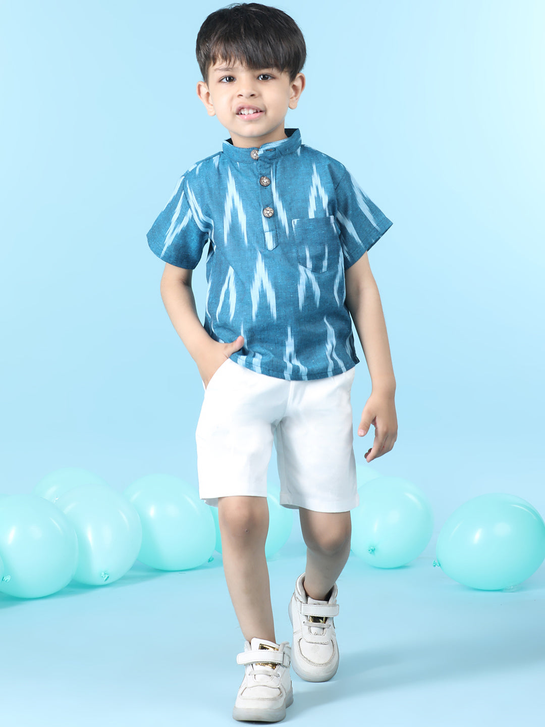 Cutiekins Boys Abstract Print T-Shirt With Solid Lycra Short -Ocean Blue & White