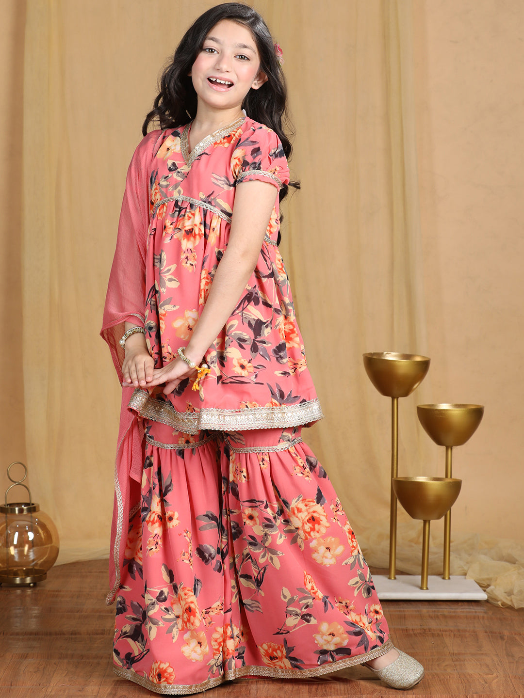 Cutiekins Girls Floral Print Embroidered Gotta Patti Kurta With Sharara -Coral & Gold