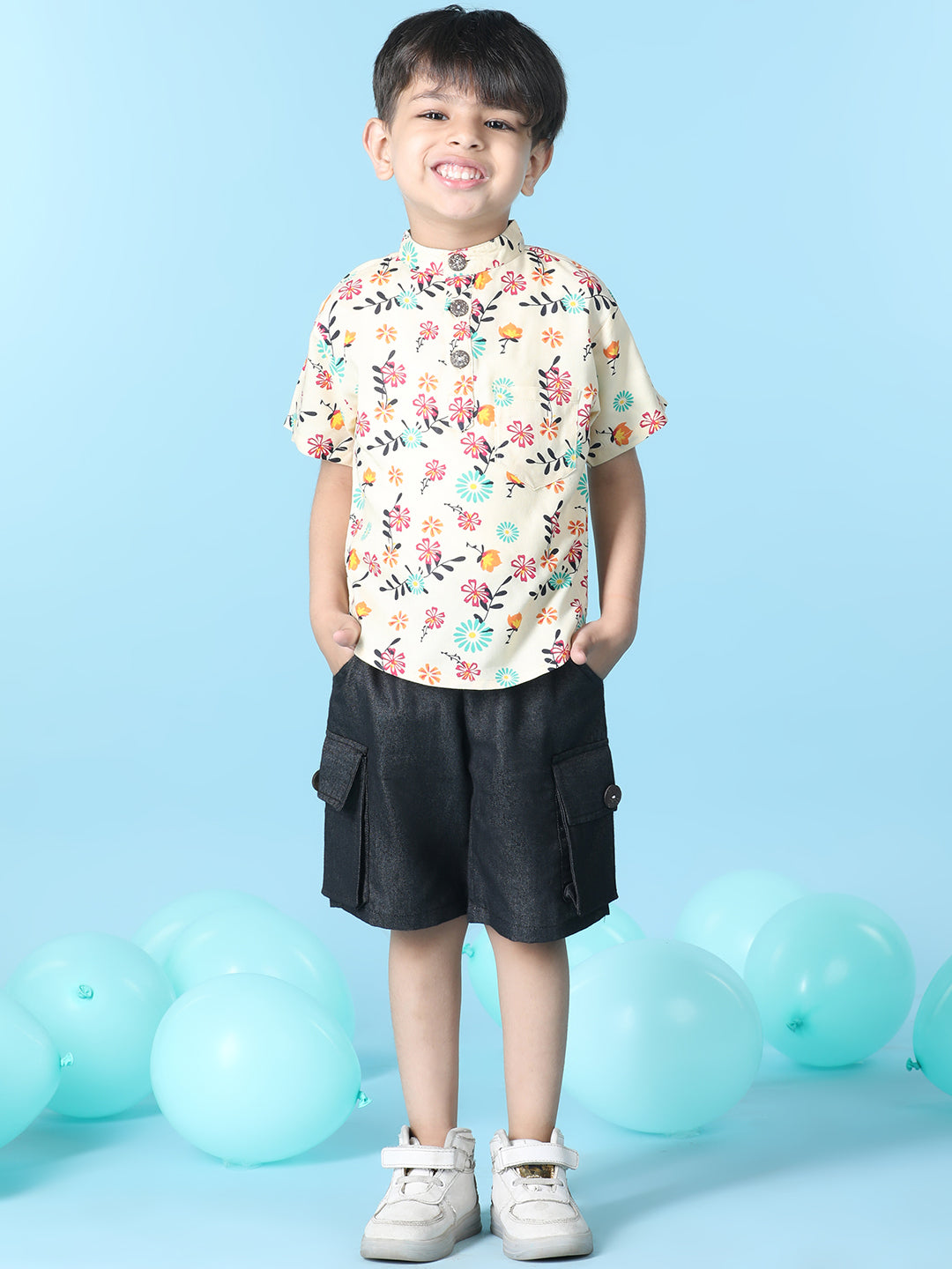 Cutiekins Boys Floral Print T-Shirt With Solid Denim Cargo Short -White & Black