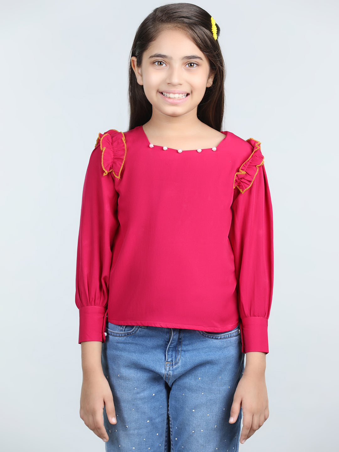 Cutiekins Solid Full Sleeves Polyester Tops-Pink & White