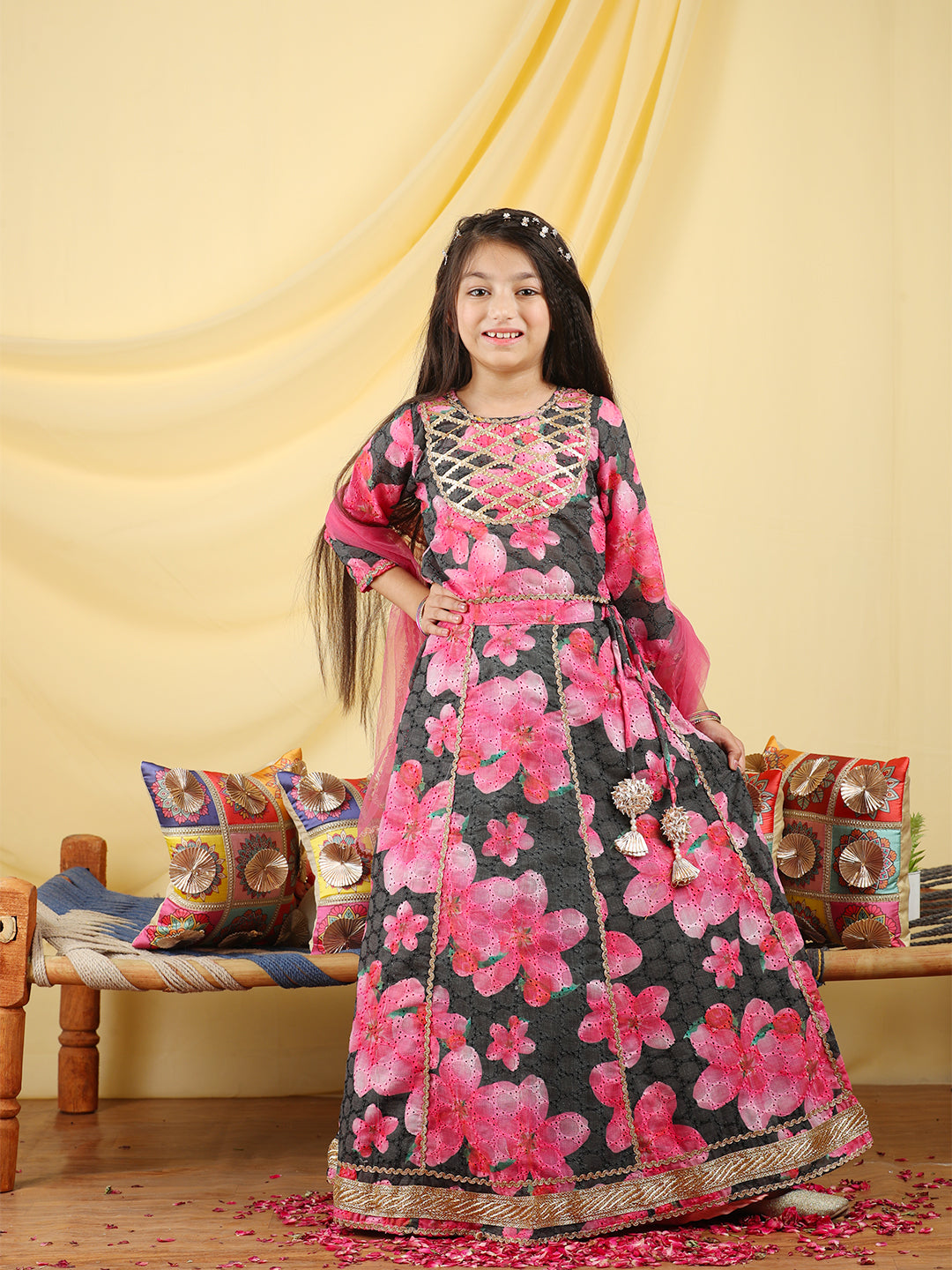 Cutiekins Girls Embroidered Floral Print Lehenga & Choli with Dupatta -Black & Pink
