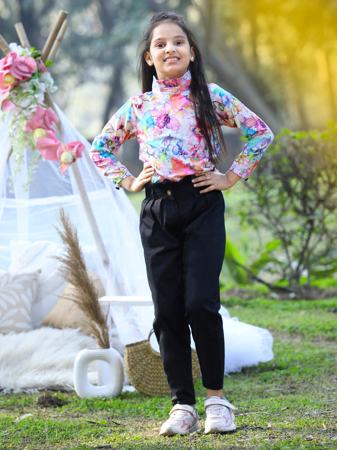Cutiekins Mandarin Collar Foral Printed Regular Top & Trousers Set -Multi & Black
