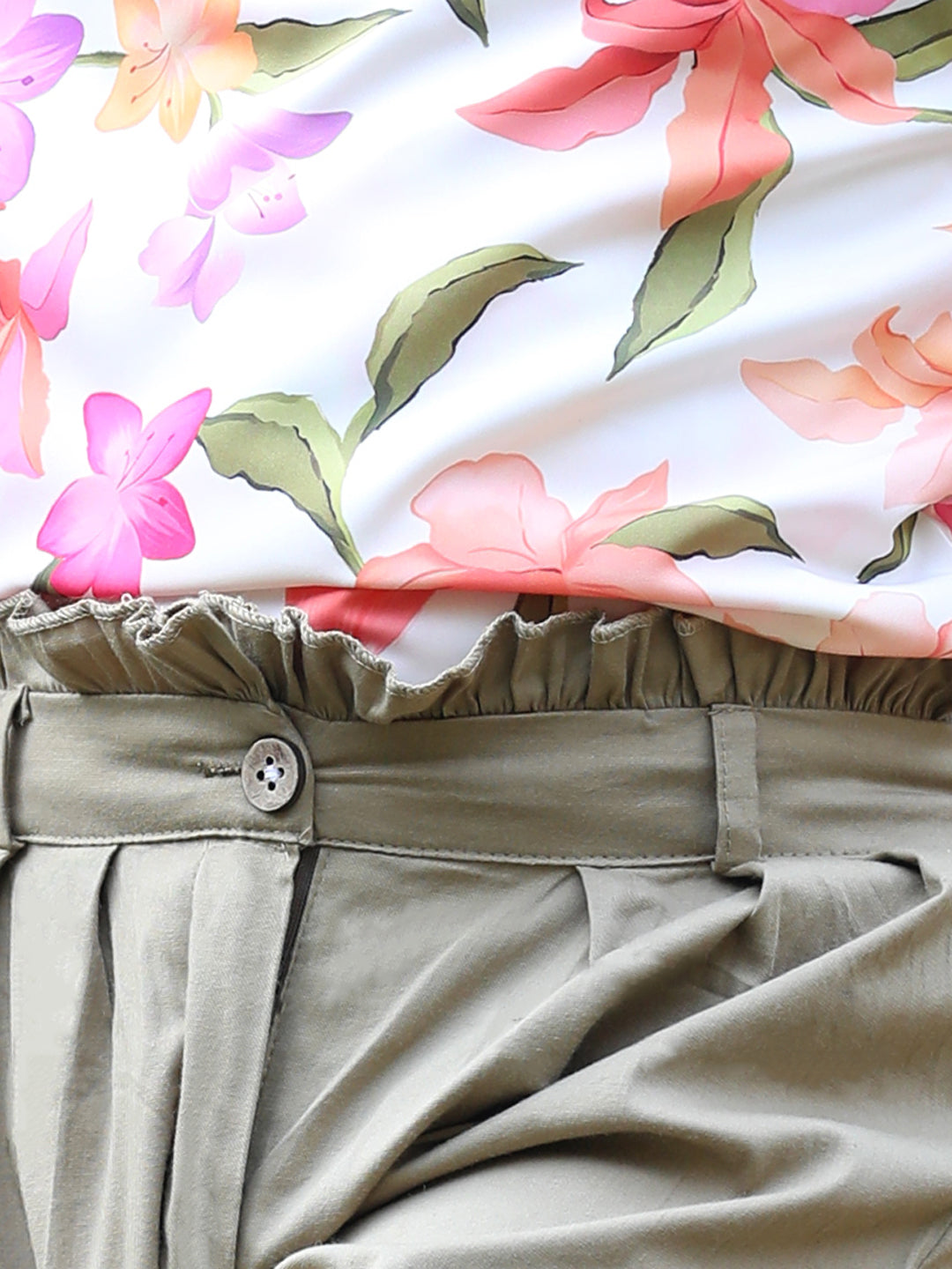 Cutiekins Mandarin Collar Foral Printed Regular Top & Trousers Set -Baige & Khaki