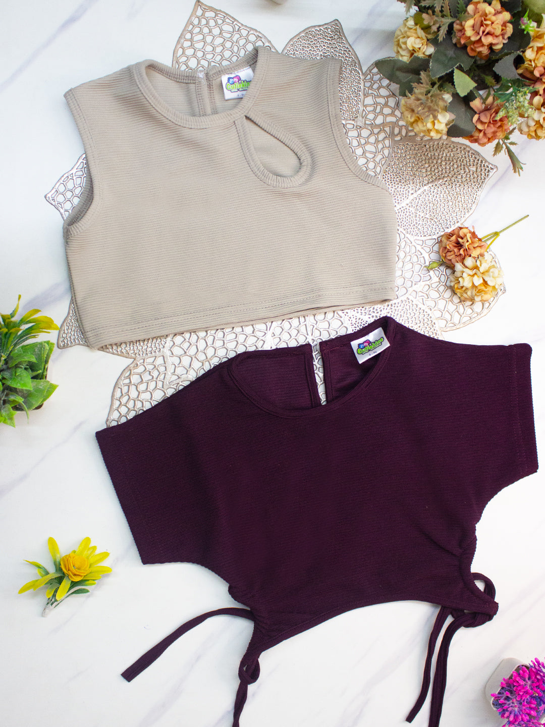Cutiekins Girls Solid Embellished Crop Tops(Pack of 2) -Beige & Wine