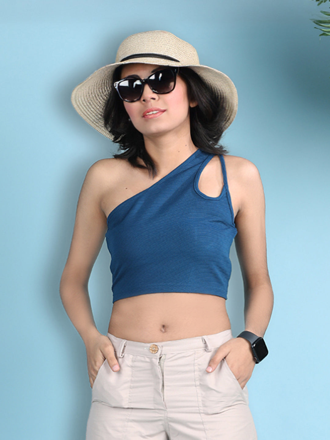 Cutiekins Girls Solid Embellished Stylish Cut Out Crop Top -Royal Blue