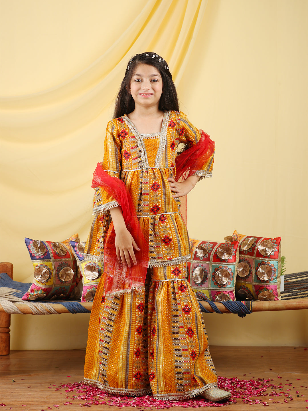 Cutiekins Girls Embroidered Bandhani Print Empire Kurta & Sharara with Dupatta -Mustard & Gold