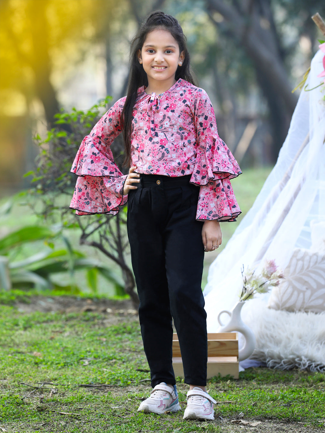 Cutiekins Front Knot Round Neck Foral Printed Regular Top & Trousers Set -Pink & Black