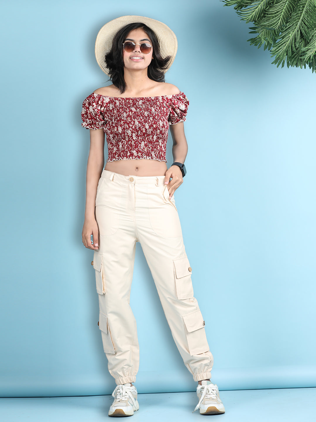 Cutiekins Girls Trendy Bold Look Crop Top With Solid Cargo -Maron & White