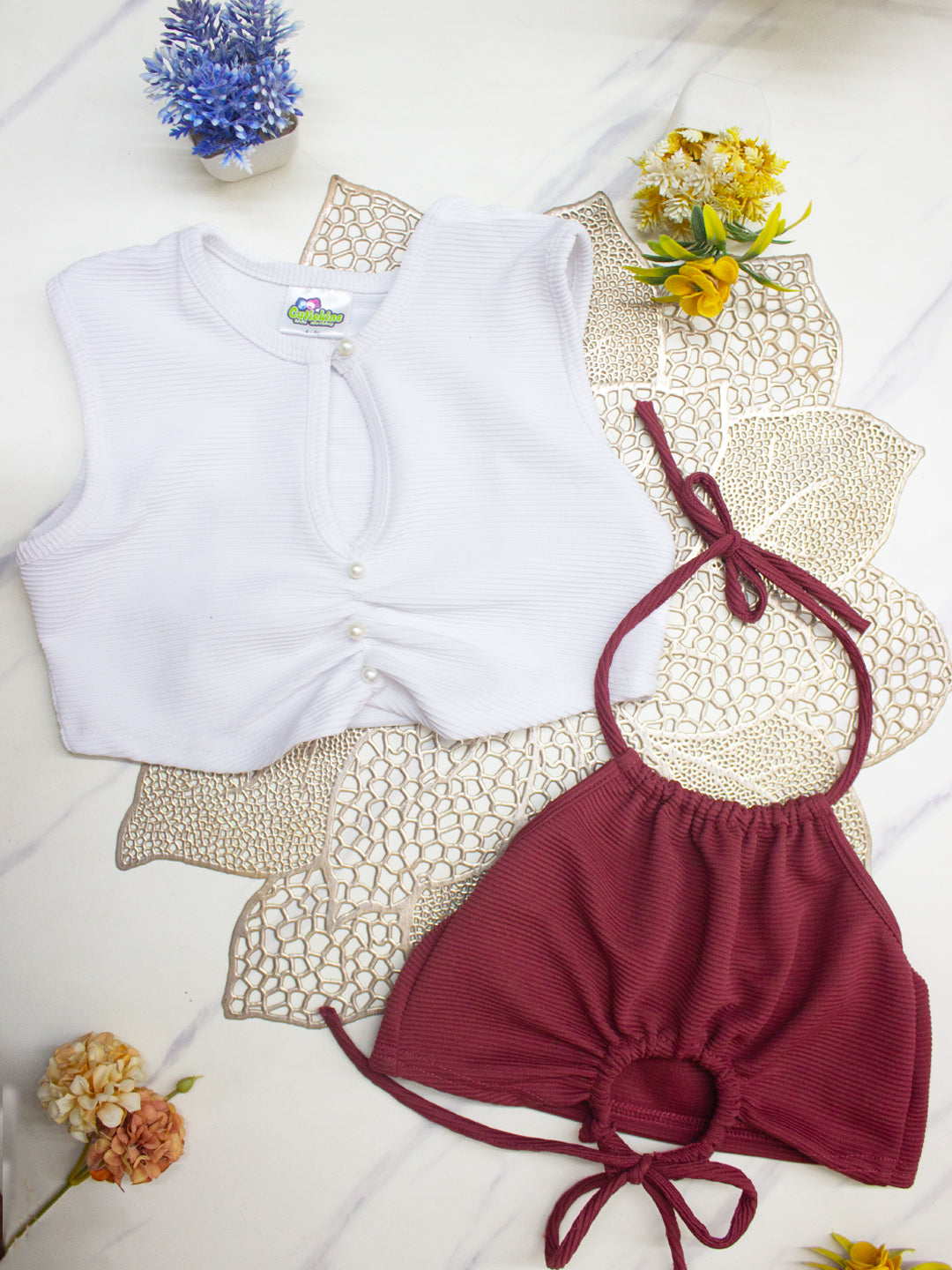 Cutiekins Girls Solid Embellished Crop Tops(Pack of 2) -White & Rust