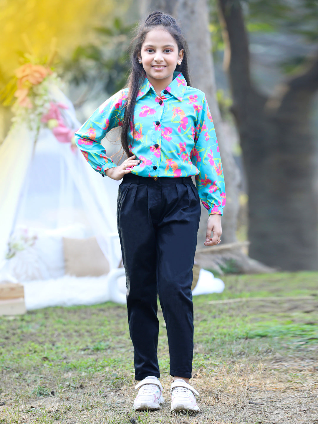 Cutiekins Collar Neck Foral Printed Regular Top & Trousers Set -Sea Green & Black