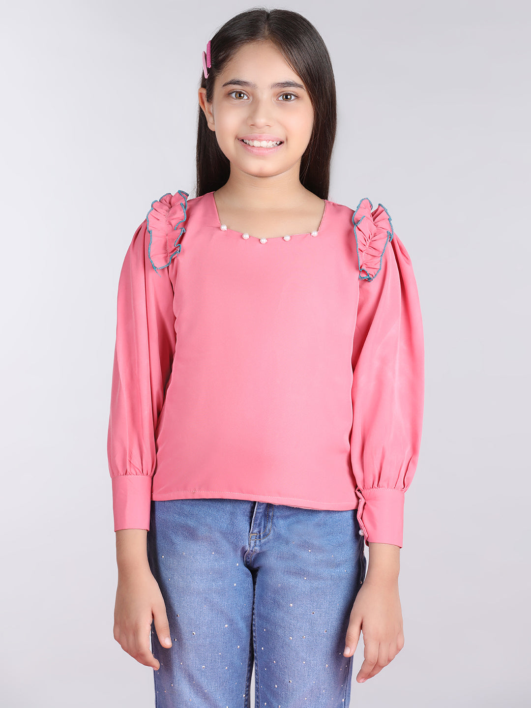 Cutiekins Solid Full Sleeves Polyester Tops-Peach & White