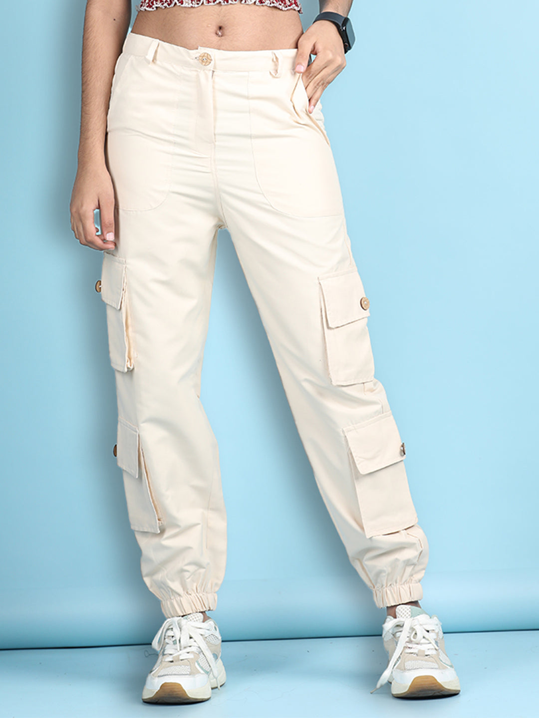 Cutiekins Girls Regular-Fit Solid Cargo Pant -Cream