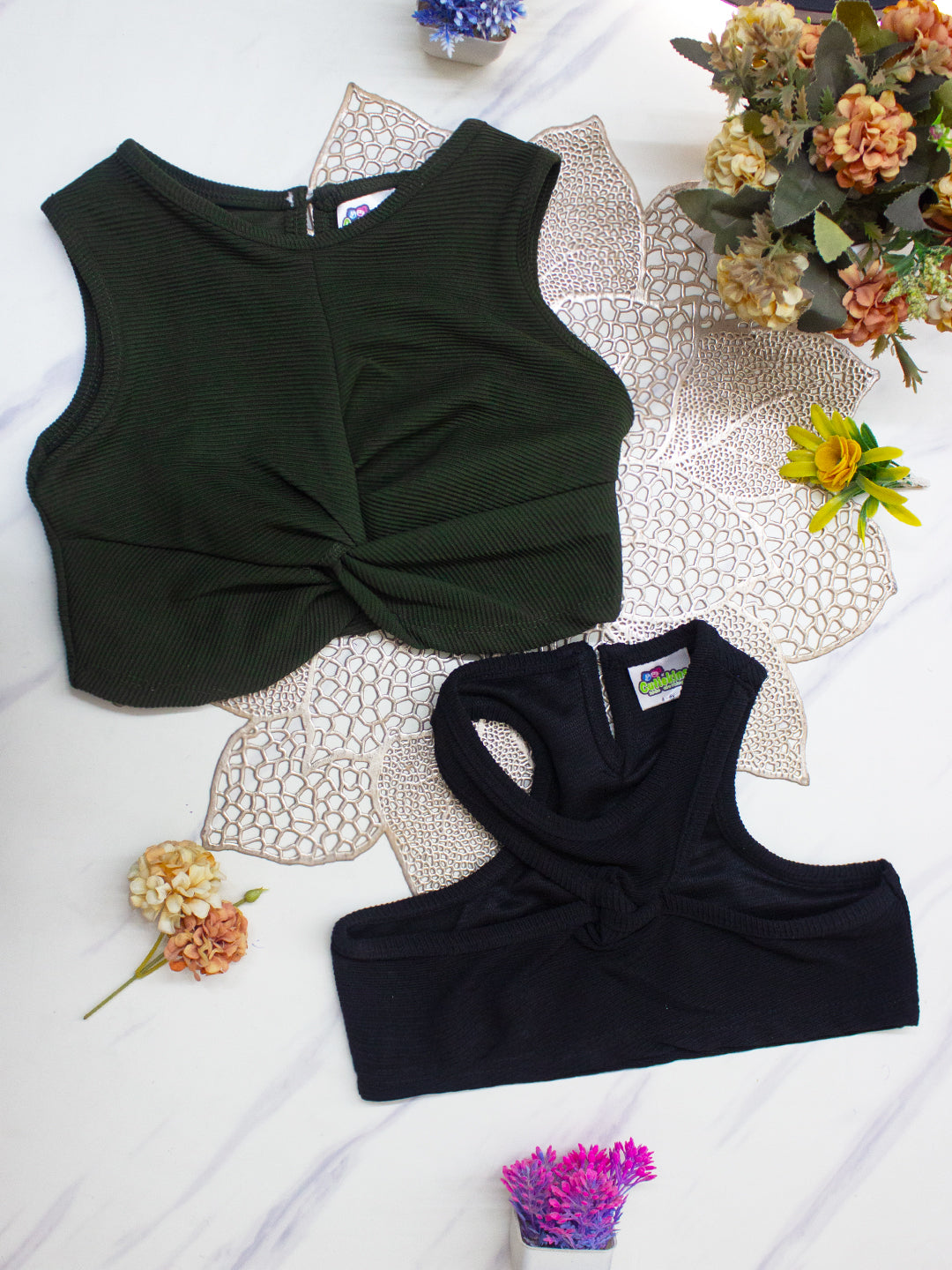 Cutiekins Girls Solid Embellished Crop Tops(Pack of 2) -Olive Green & Black