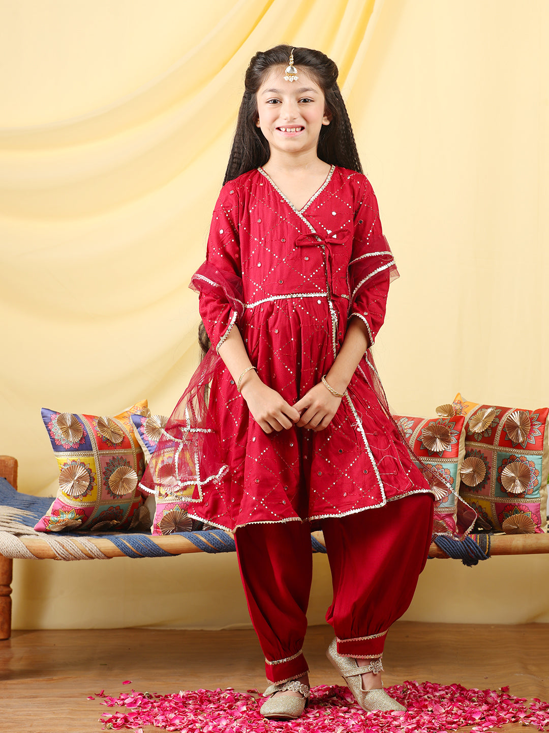 Cutiekins Girls Embroidered Angrakha Kurta & Salwar with Dupatta -Maroon & Gold